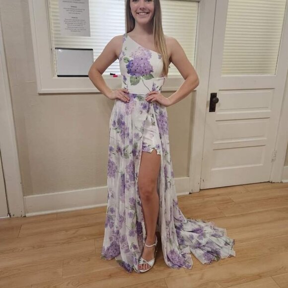 Size 4 one shoulder white and lilac floral print long over short prom style dres - Picture 1 of 16